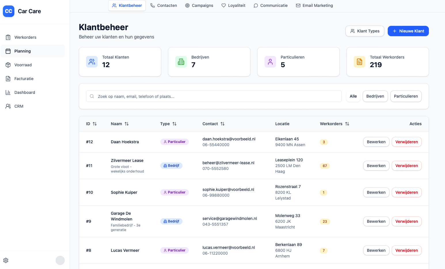 Klantportaal voor autowasservice met werkorders en facturering